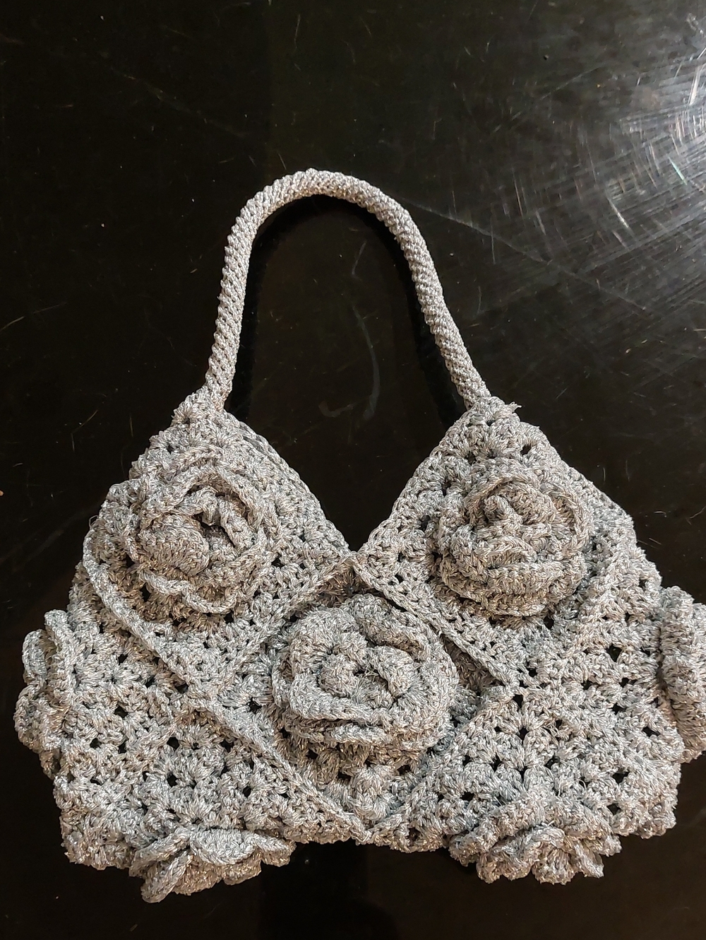 Handcrafted Gray Crochet Mini Bag with Floral Appliqués